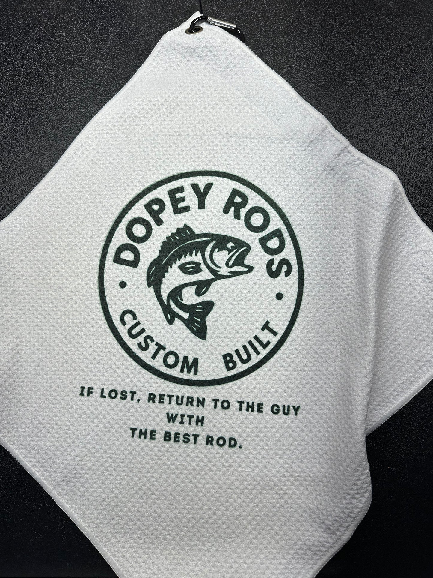Dopey Rods Microfiber Fishing Towel with clip – “If Lost, Return to the Guy With the Best Rod”